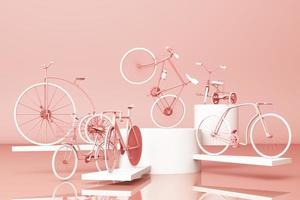 Many bicycle on platform with yellow background. Retro bike. 3d rendering photo