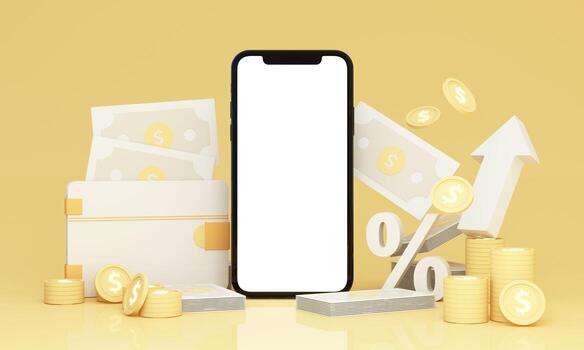 una pantalla de teléfono con billetera y tasas de interés más altas en depósitos y dinero digital en el concepto de estabilidad financiera y crecimiento y un espacio vacío en un render 3d realista de fondo amarillo foto