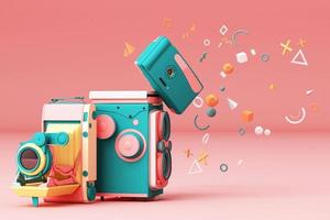 Colorful vintage camera surrounding by memphis pattern on a pastel background. 3d render. photo