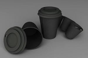 Set of black coffee cups and bag on pastel background. 3d rendering photo