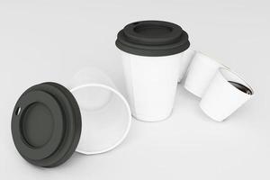 Set of black coffee cups and bag on pastel background. 3d rendering photo