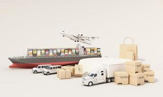 international transport shipping concept podium product stand surrounded by cardboard boxes, a cargo container ship, a flying plane, a van and a truck isolated on white background 3D rendering photo