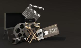 Productor de cine conceptual: esto incluye la silla del director, rollos de película, monitores, directores de fotografía, entradas para el cine y equipo de filmación, y una discreta claqueta de fondo. renderizado 3d foto