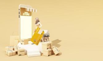 young women model at home. Payment online concept. Shopping Online hand to hold credit card with parcel box, shopping bag cardboard box isolated yellow background with copy space realistic 3d render photo