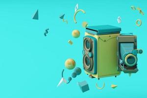 Colorful vintage camera surrounding by memphis pattern on a pastel background. 3d render. photo