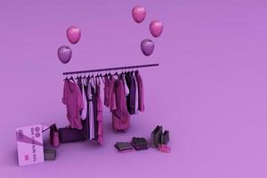 Clothes on a hanger surrounding by bag and market prop with credit card on the floor. 3d rendering photo