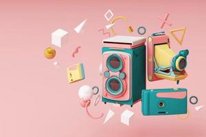 Colorful vintage camera surrounding by memphis pattern on a pastel background. 3d render. photo