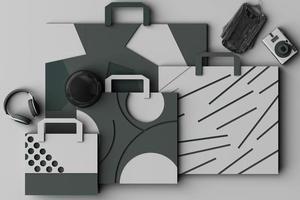 diseño con composición de bolso de compras por formas geométricas estilo memphis en tono pastel. ilustración de renderizado 3d foto