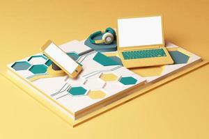 Laptop,smartphone and headphone with technology concept abstract composition of geometric shapes platforms in pastel color. 3d rendering photo