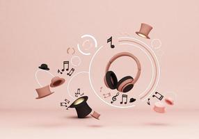 auriculares pastel con música de notas y sombreros sobre fondo pastel renderizado 3d foto