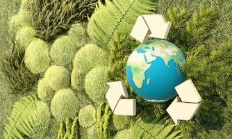 Green earth recycle concept Earth day surrounded by globes, recycle symbol icon and wooden hand on a green background with rivers. realistic cartoon 3d rendering photo