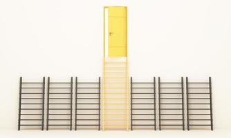 yellow door of success with a light inside, ladder leaning against the wall. that requires more effort than other stairs Concept of commitment and goals in business with copy space realistic 3d render photo