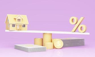 Yellow House with percent discount weighed in the balance Real estate home. Credit percentage symbol. deposits and digital money in the concept of financial stability and growth. realistic 3d render photo