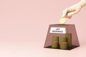 Concept of money protection, financial savings insurance. Secure investment, surrounding by gold coin and hand with piggy bank isolated on pink pastel background realistic 3d render. photo