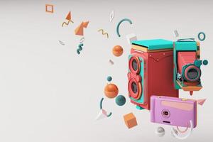 Colorful vintage camera surrounding by memphis pattern on a pastel background. 3d render. photo