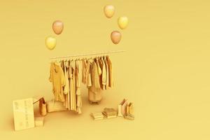 Clothes on a hanger surrounding by bag and market prop with credit card on the floor. 3d rendering photo