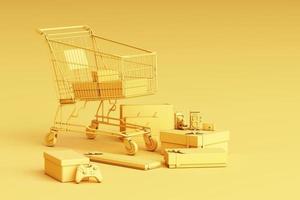 Supermarket shopping cart surrounding by giftbox with credit card on pastel background. 3d rendering photo