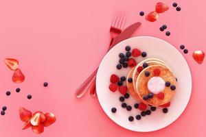 Pancake with blueberry and strawberry in the plate on pink pastel background. 3d render photo