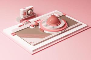 Design with composition the camera of geometric memphis style shapes in pastel tone. 3d rendering illustration photo