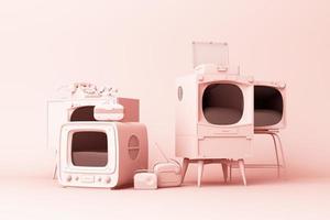 Old televisions and vintage radio player on a pastel background. 3D rendering photo