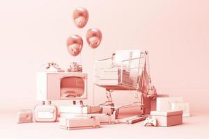Supermarket shopping cart surrounding by giftbox with credit card and many gadget on pastel background. 3d rendering photo