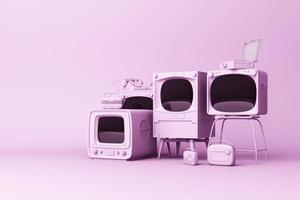 Old televisions and vintage radio player on a pastel background. 3D rendering photo