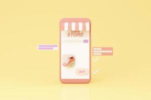 concepto de tienda en línea en la pantalla del teléfono con toldo a rayas y zapatillas de color pastel en la pantalla del teléfono con icono de compra y producto de revisión de texto de comentario. sobre un fondo amarillo pastel. renderizado 3d realista foto