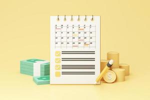 financial concept and money saving, Monthly expenses and spending planning on notepad, calendar and pencil. with Bundle of money, banknote and gold coins on yellow background. realistic 3d render photo