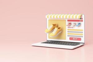 Online store concept on laptop screen with striped awning and shoe sneaker pastel color on screen with buy icon and comment review. on pink background realistic 3d rendering photo