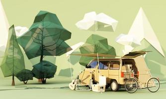 low poly cartoon part Mobile homes and tents In the national park, there are bicycles, ice buckets, guitars and chairs, and trees with clouds and mountains in the background. green tone 3d render photo