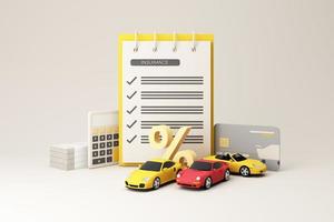 Car automobile insurance and collision damage waiver concept surrounding by gold coin and cash with sport car model, text form and percentage isolated on white background. realistic 3d render photo