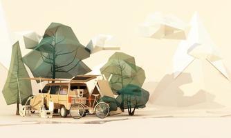 low poly cartoon part Mobile homes and tents In the national park, there are bicycles, ice buckets, guitars and chairs, and trees with clouds and mountains in the background. green tone 3d render photo