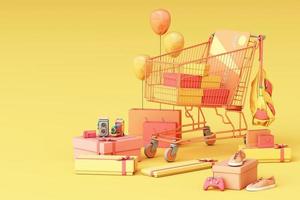 Supermarket shopping cart surrounding by giftbox with credit card on pastel background. 3d rendering photo