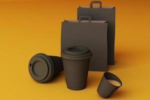 Set of black coffee cups and bag on pastel background. 3d rendering photo