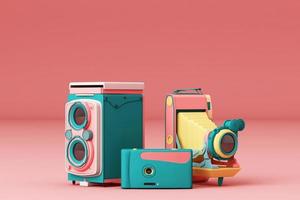 Colorful vintage camera surrounding by memphis pattern on a pastel background. 3d render. photo