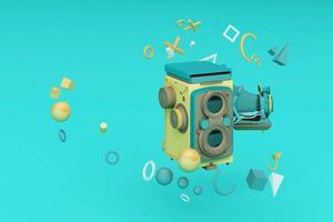 Colorful vintage camera surrounding by memphis pattern on a pastel background. 3d render. photo