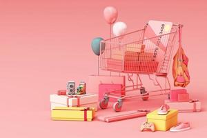 carro de compras de supermercado rodeado de caja de regalo con tarjeta de crédito sobre fondo pastel. representación 3d foto