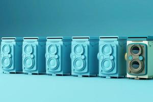 Colorful vintage camera surrounding by memphis pattern on a pastel background. 3d render. photo