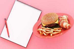 hamburguesa con patatas fritas en el plato y portapapeles sobre fondo rosa. renderizado 3d foto