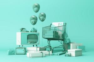 Supermarket shopping cart surrounding by giftbox with credit card and many gadget on pastel background. 3d rendering photo