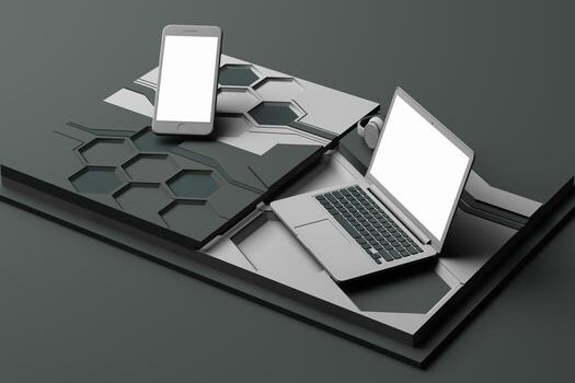 Laptop,smartphone and headphone with technology concept abstract composition of geometric shapes platforms in pastel color. 3d rendering photo