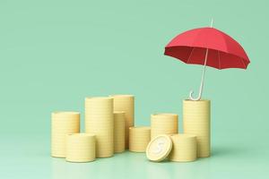 Concept of money protection, financial savings insurance. Secure investment, surrounding by gold coin and red umbrella isolated on green pastel background realistic 3d render. photo