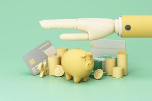 Concept of money protection, financial savings insurance. Secure investment, surrounding by gold coin, cash, piggy bank, wallet and covered hand on green pastel background realistic 3d render. photo