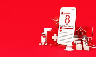 May 8th, World Red Cross symbol with globe on white background, and red paper people, low poly trees around the world, World Red Cross and red Crescent Day, insurance. realistic 3d render photo