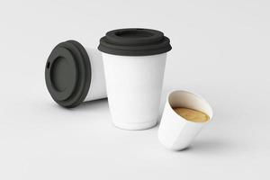 Set of black coffee cups and bag on pastel background. 3d rendering photo