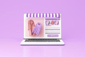 Online store concept on laptop screen with striped awning and coat and sweater dress pastel color on screen with buy icon and comment review. on purple background realistic 3d rendering photo