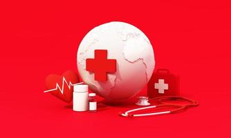 May 8th, World Red Cross symbol with globe on white background, and red paper people, low poly trees around the world, World Red Cross and red Crescent Day, insurance. realistic 3d render photo