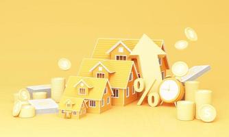 big arrow symbol Higher Interest Rates for Home Real Estate Ideas Savings on real estate of financial stability and growth and space for entering text on a yellow background, realistic 3D rendering. photo