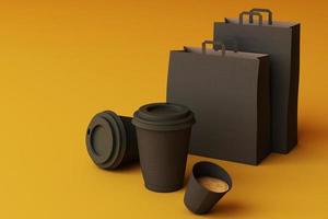 Set of black coffee cups and bag on pastel background. 3d rendering photo