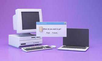 Abstract aesthetic background with 90s style system message windows, old vintage computer, mouse, keyboard, pop up icon system message window on pink and purple gradient y2k style realistic 3d render photo